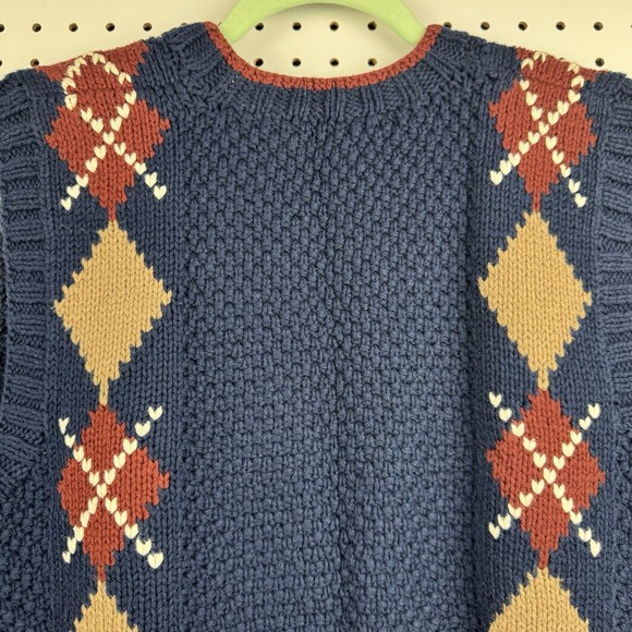 Vtg 90s Lizsport Hand Knit Argyle Sweater Vest‎ Blue Tan Burgundy Cotton M - Picture 14 of 16